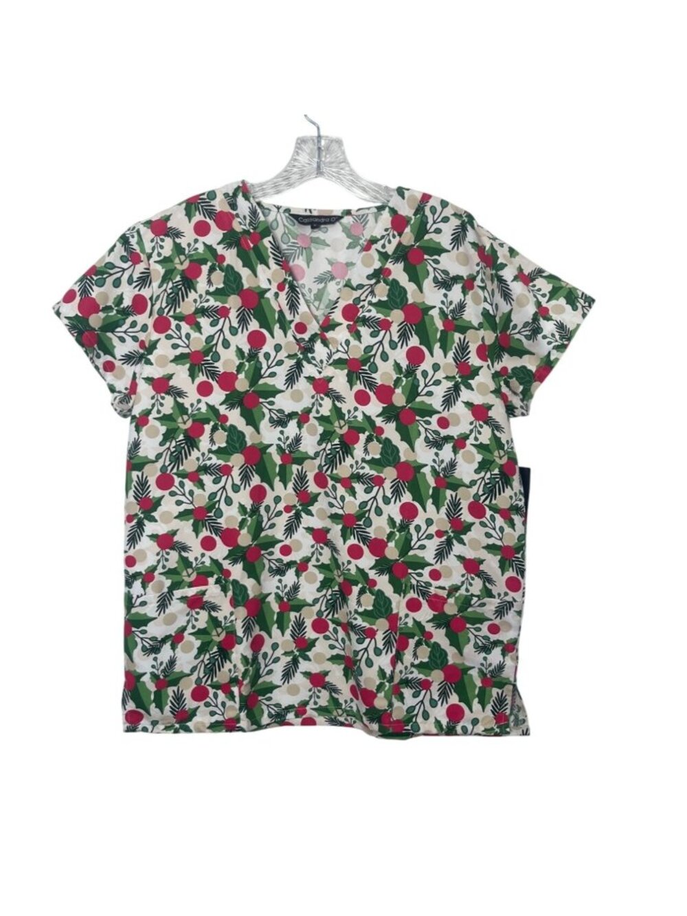 Cassandra O Holiday Print Scrub Top Shirt Womens Small Red Green New